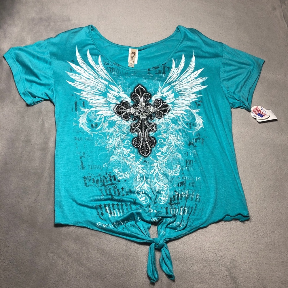 Blue tee with rhinestone cross